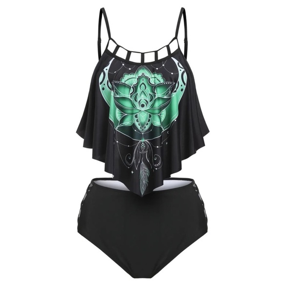 Moon Print ✦ Tankini Set ✦ Criss-Cross Caged Top + High-Waisted Bottom Size M - Picture 2 of 9